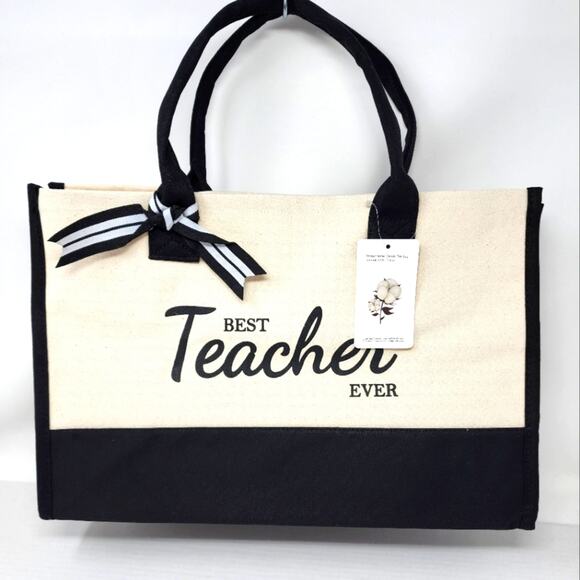 Unbranded Handbags - Canvas Tote Bag Best Teacher Gift Cotton Black Cream Teacher Gift Birthday New